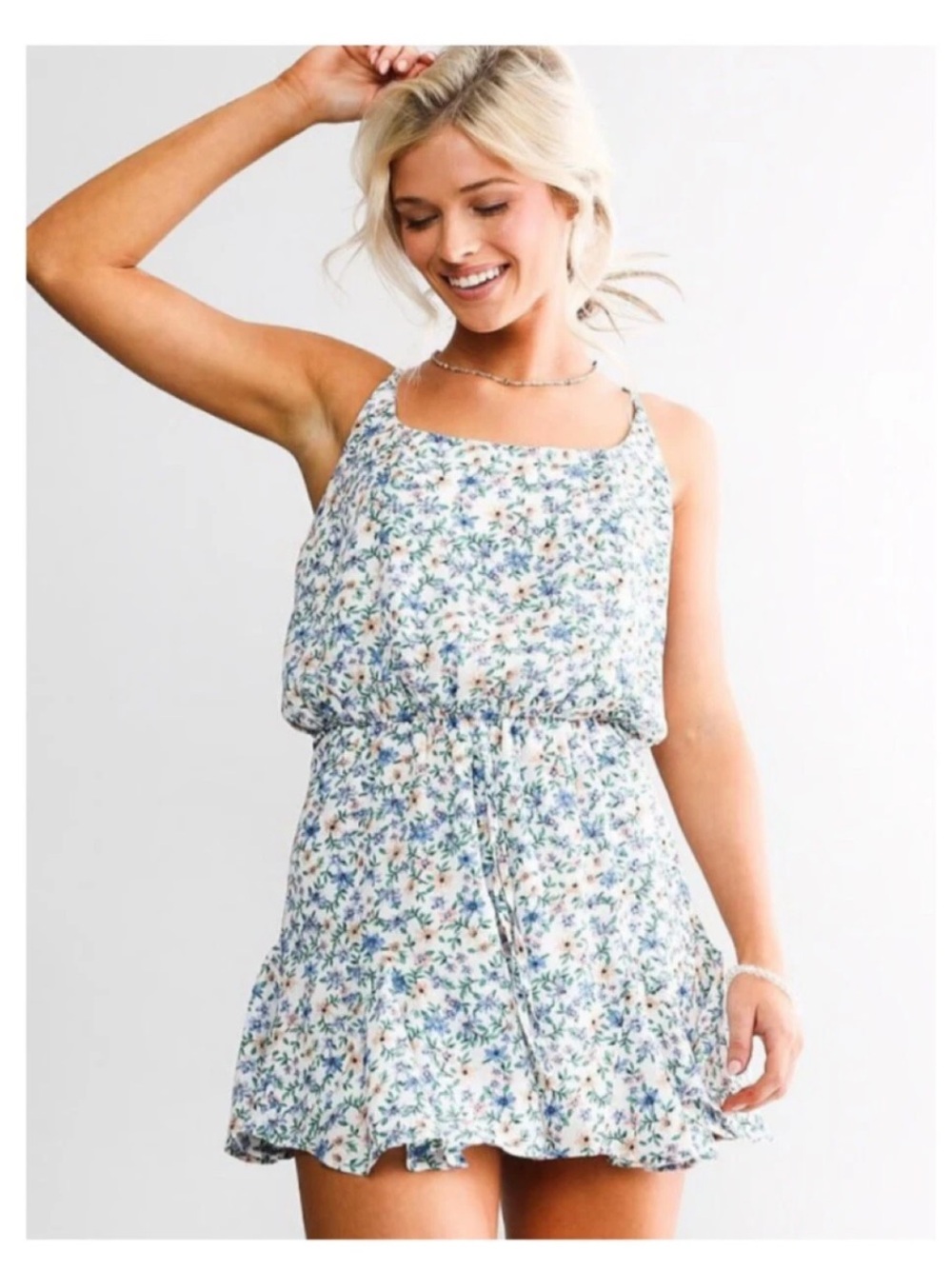 Daytrip Floral Print Sleeveless Romper - White/Blue